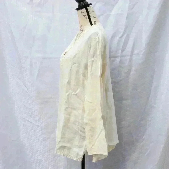 Lands' End Size L long sleeve cream color 100% linen tunic w/beaded front - Picture 6 of 13
